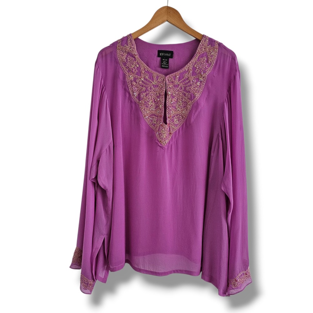 Lane Bryant Silk Tunic Top 26/28 Womens Purple Gold Embroidered Sequin Boho Luxe